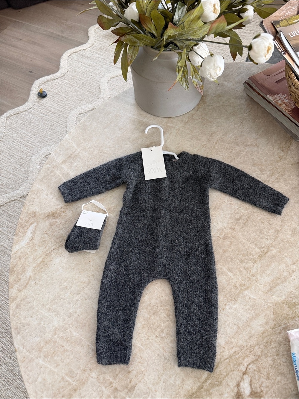 Zara Charcoal Knit Baby One-Piece with Matching Hat